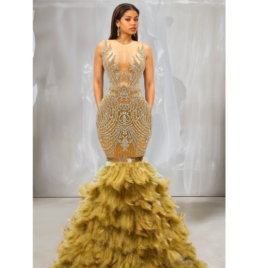 Rhinestone Feather Mermaid Gown