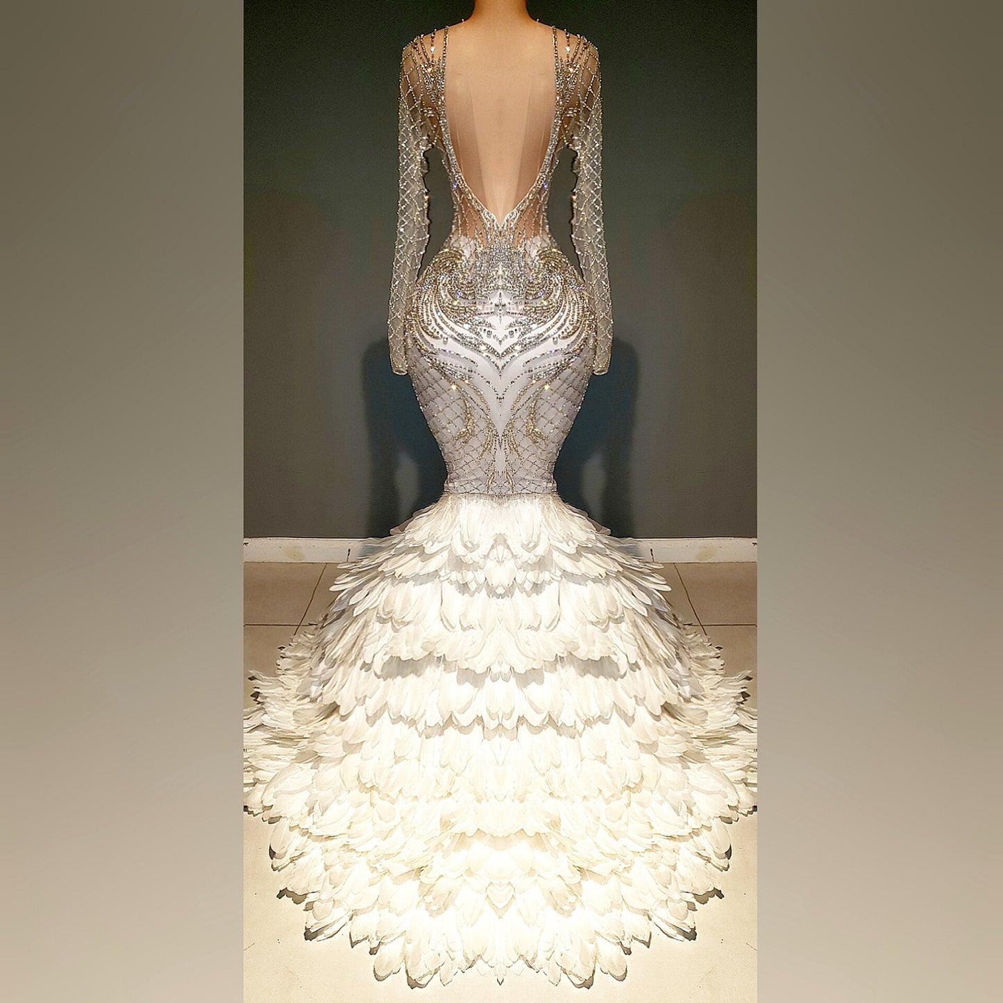 Aphrodite Phoenix Rhinestone Long Sleeve Feather Mermaid Dress