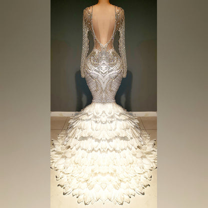 Aphrodite Phoenix Rhinestone Long Sleeve Feather Mermaid Dress