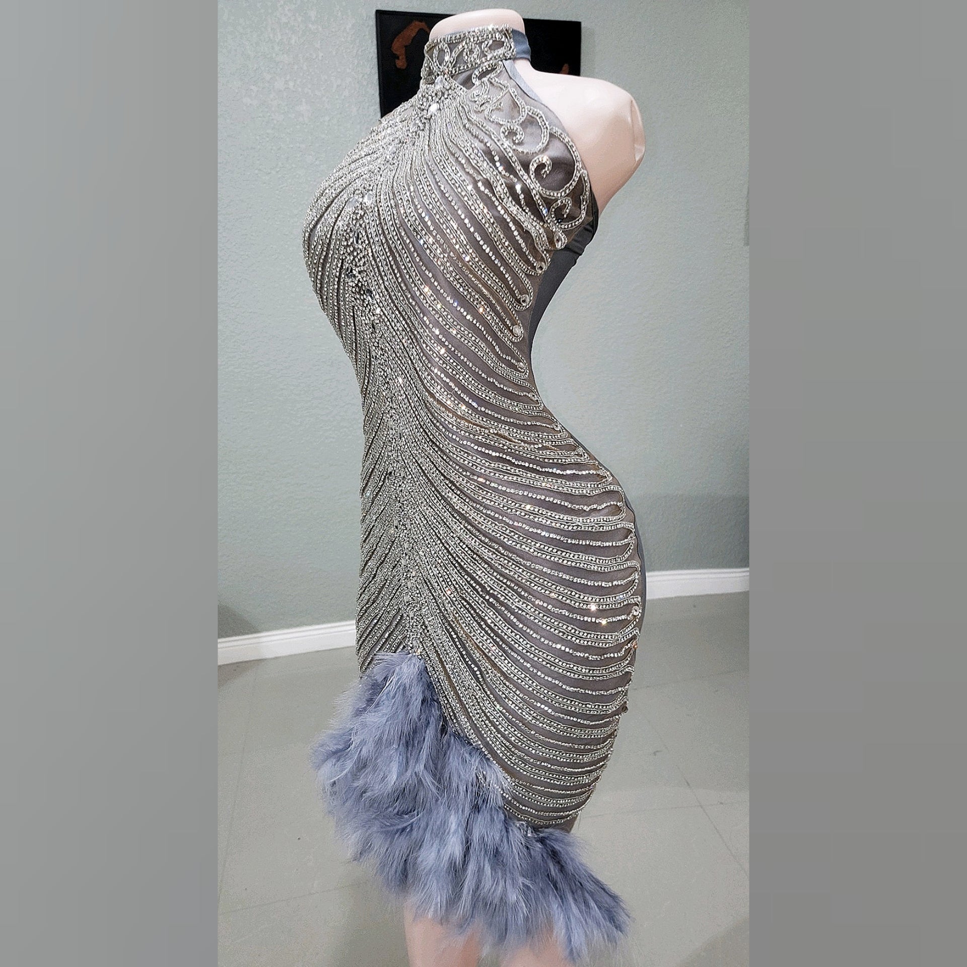 Diamond V Zena Rhinestone Feather Mini Dress