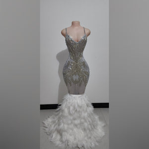 Leah Melani Silver Rhinestone Feather Mermaid Gown